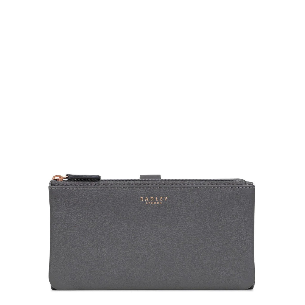 Gray wallet with 'Radley London' branding on a white background
