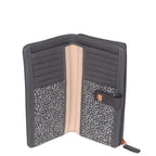 Grey wallet with gold zipper on a light gray background