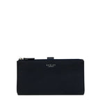 Navy leather wallet with a gold emblem on a white background