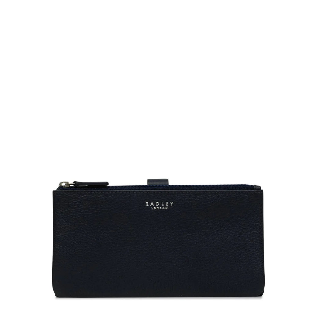 Navy leather wallet with a gold emblem on a white background