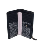 Navy leather wallet with a gold emblem on a white background