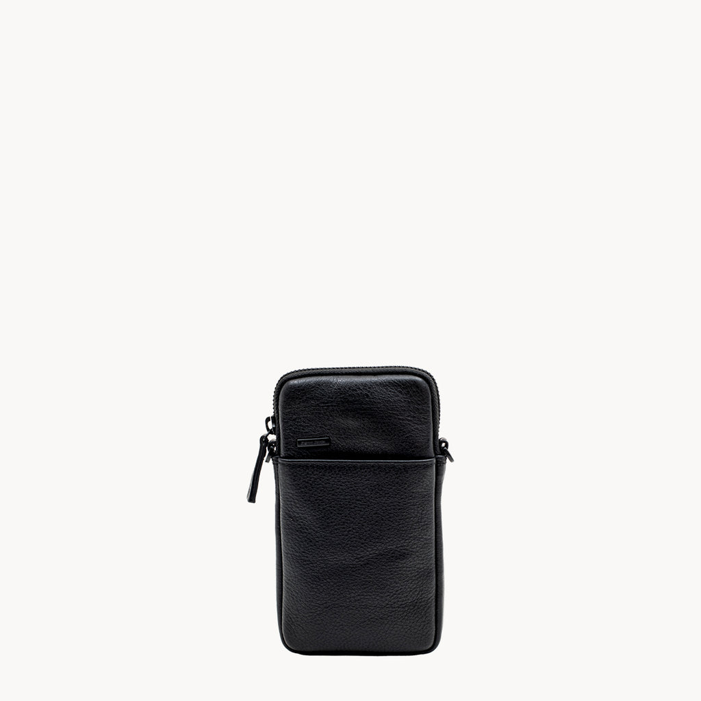 Black leather phone crossbody bag with detachable strap.