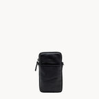 Black leather phone crossbody bag with detachable strap.