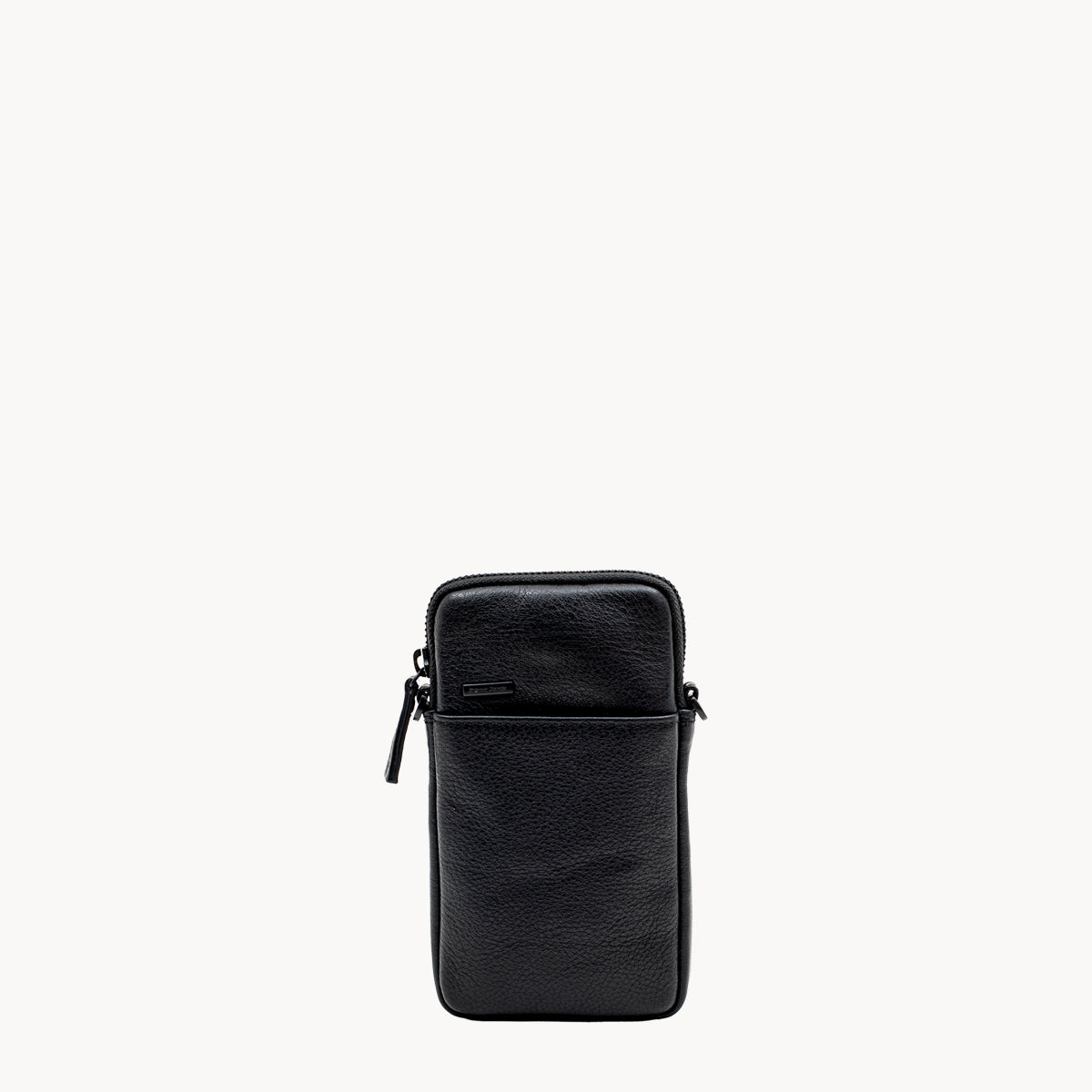 Black leather phone crossbody bag with detachable strap.