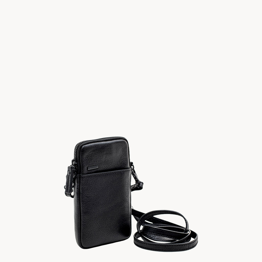 Black leather phone crossbody bag with detachable strap.