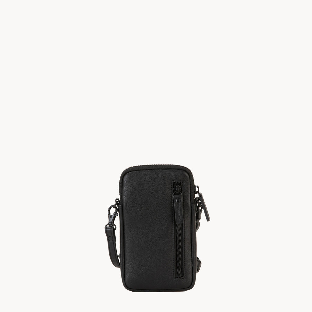 Black leather phone crossbody bag with detachable strap.