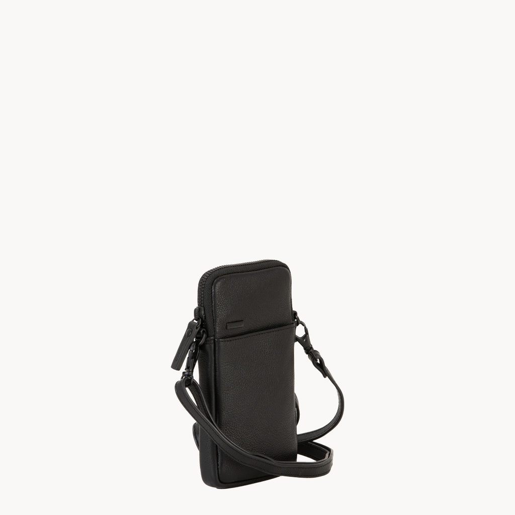 Black leather phone crossbody bag with detachable strap.
