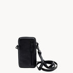 Black leather phone crossbody bag with detachable strap.