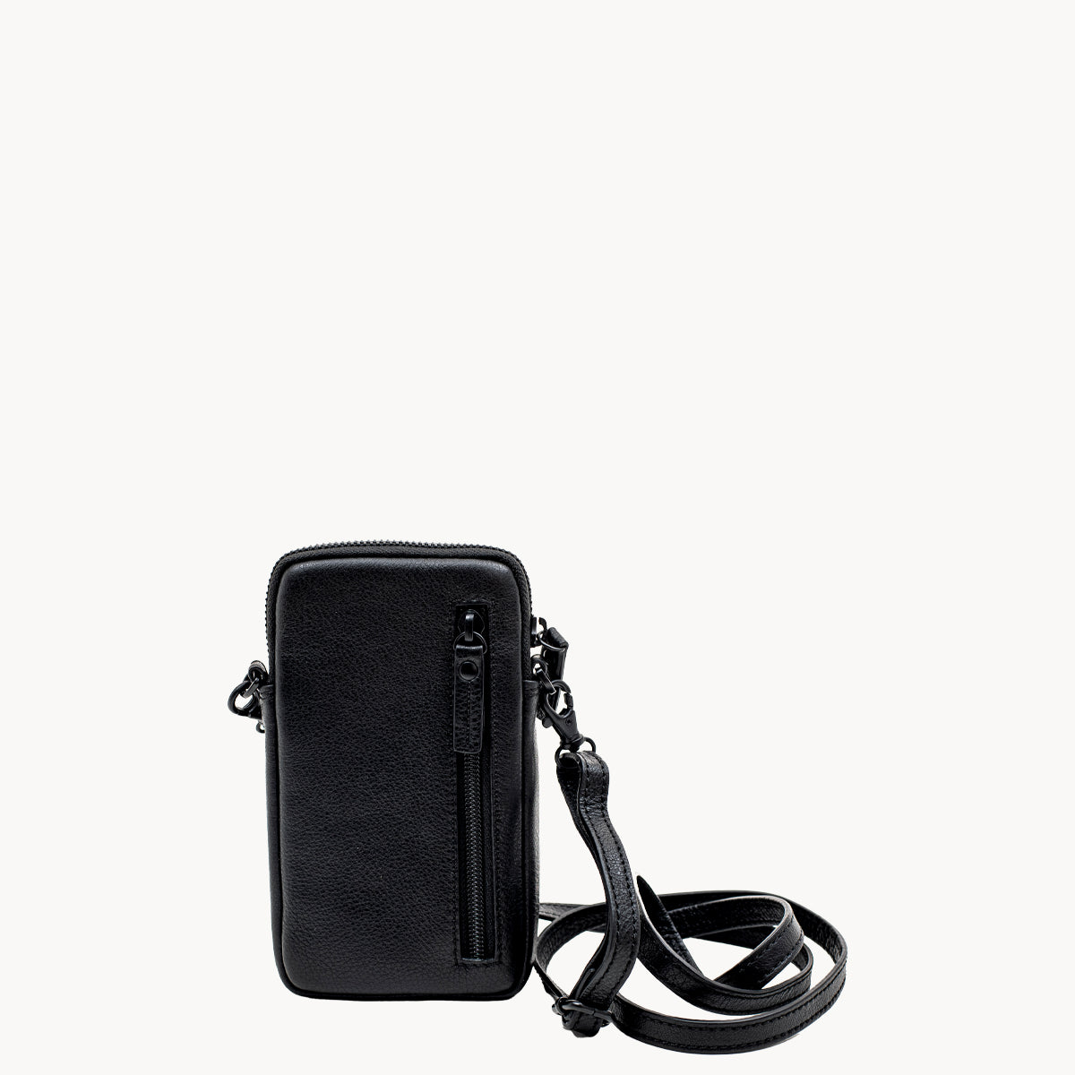 Black leather phone crossbody bag with detachable strap.