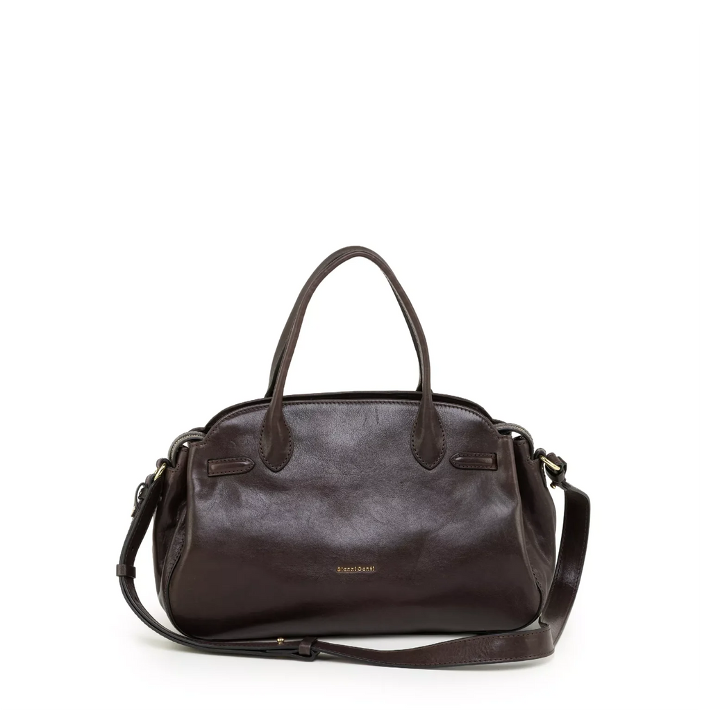 Gianni Conti Leather Bowling Bag in Chocolate - front view with double grab handles and shoulder strap
