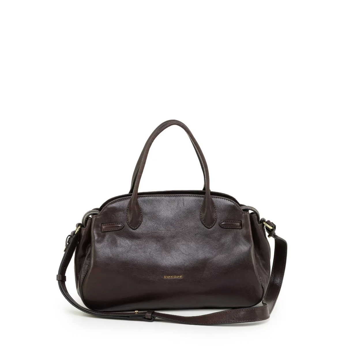 Gianni Conti Leather Bowling Bag in Chocolate - front view with double grab handles and shoulder strap