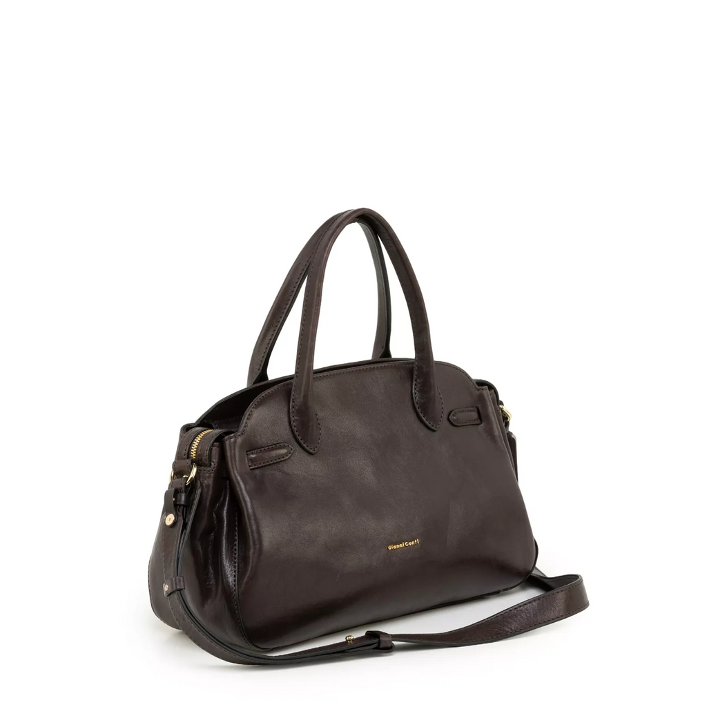 Gianni Conti Leather Bowling Bag in Chocolate - side view showing gold-tone hardware