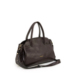 Gianni Conti Leather Bowling Bag in Chocolate - side view showing gold-tone hardware