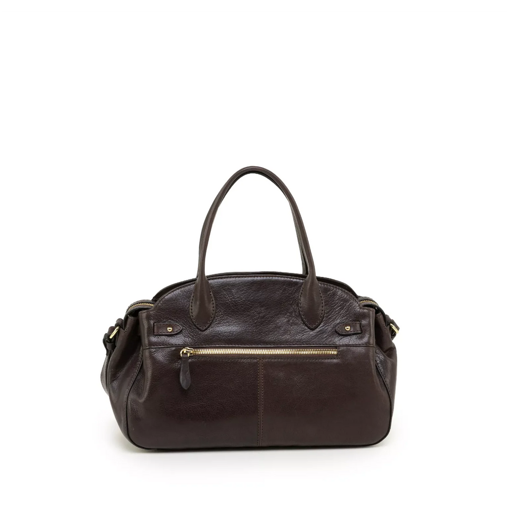 Gianni Conti Leather Bowling Bag in Chocolate - rear view showing external zip pocket