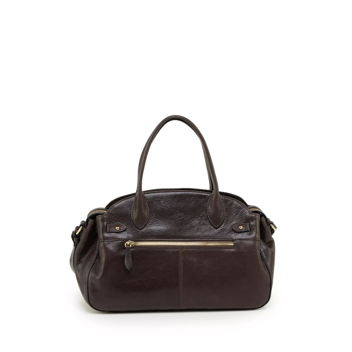 Gianni Conti Leather Bowling Bag in Chocolate - rear view showing external zip pocket