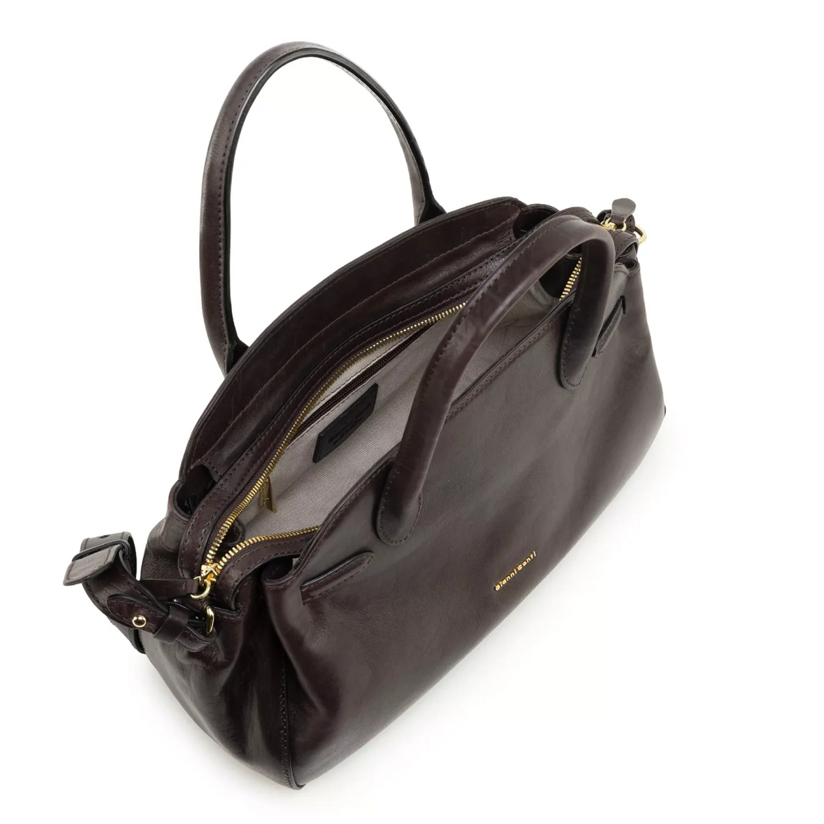 Gianni Conti Leather Bowling Bag in Chocolate - open top view showing zipped main compartment and lining
