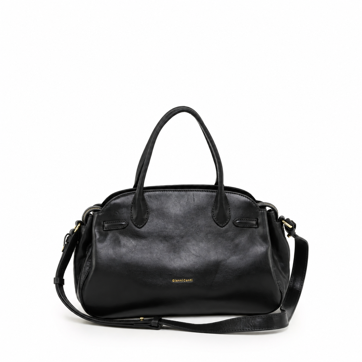 Gianni Conti Leather Bowling Bag in Black - front view with double grab handles and shoulder strap