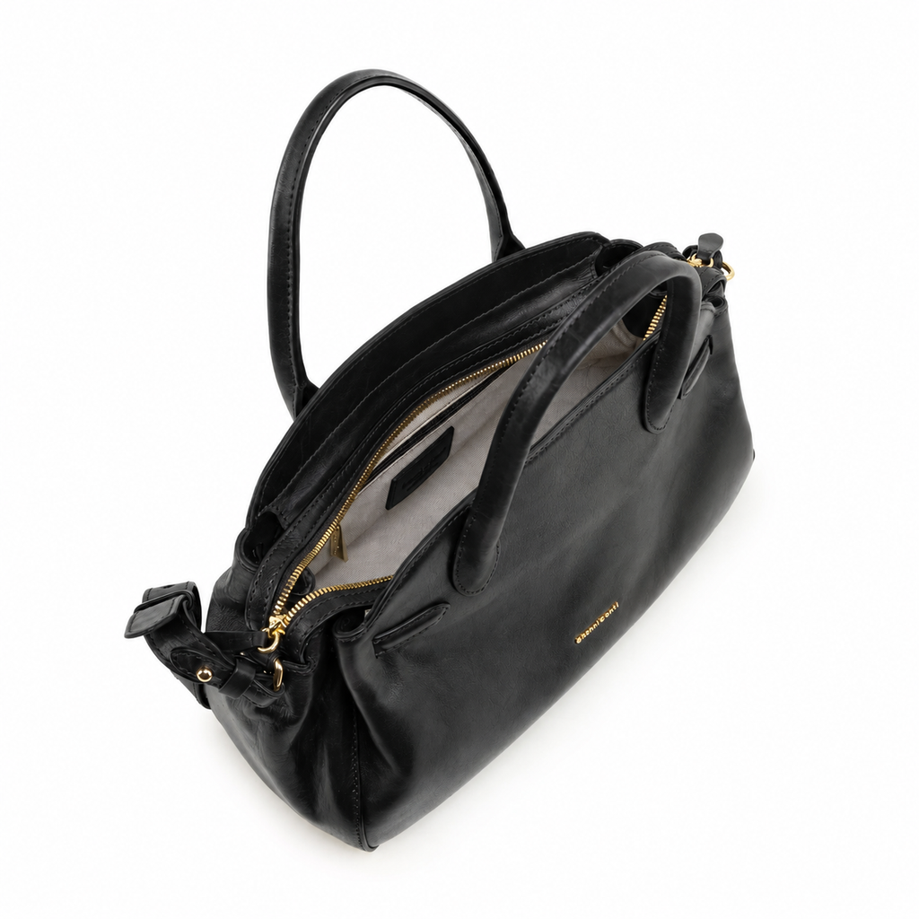 Gianni Conti Leather Bowling Bag in Black - open top view showing zipped main compartment and lining