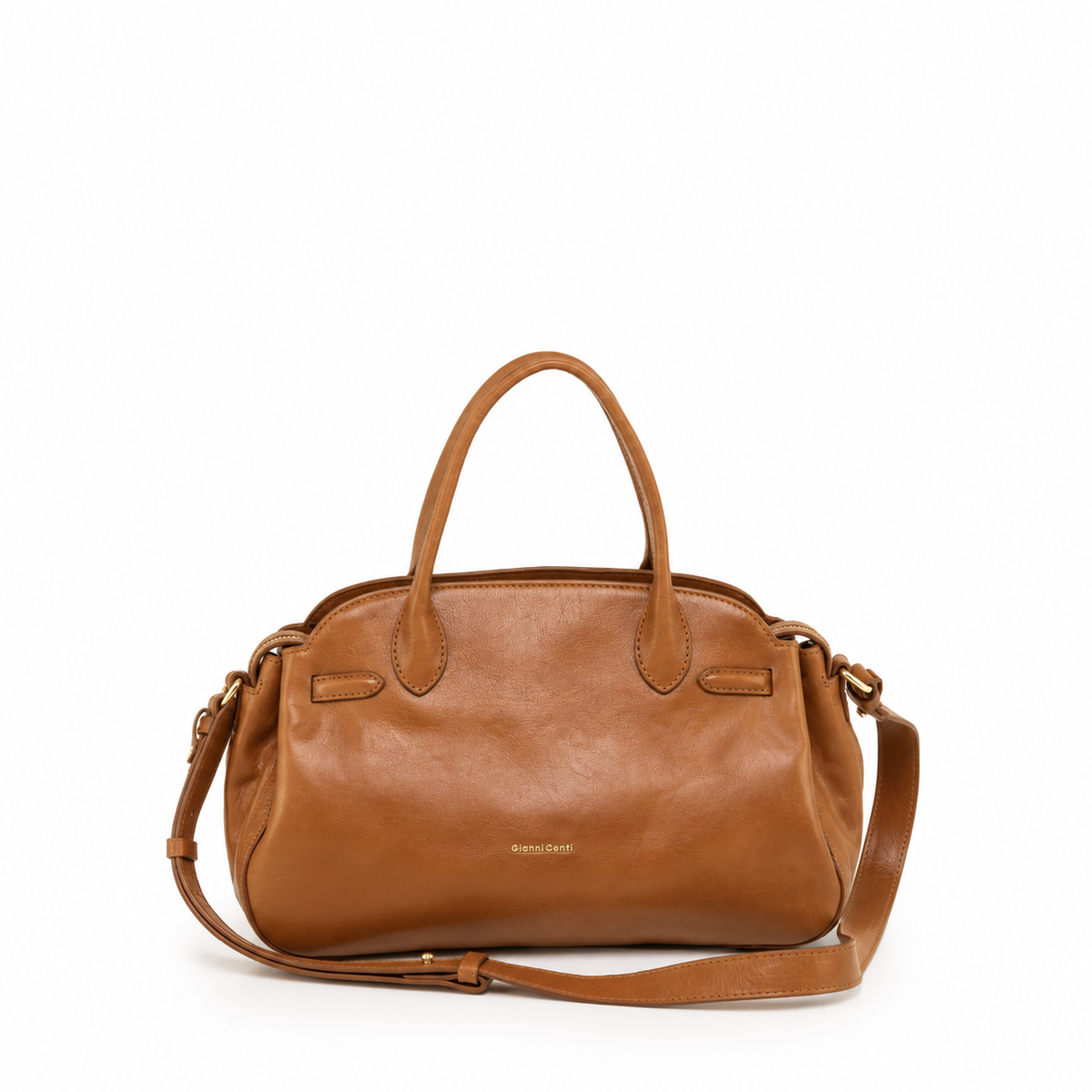 Gianni Conti Leather Bowling Bag in Brandy - front view with double grab handles and shoulder strap