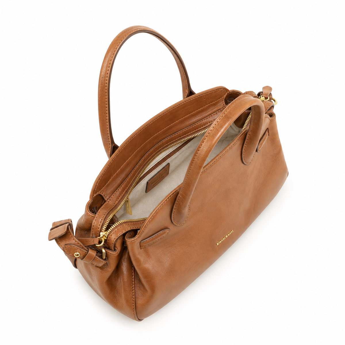 Gianni Conti Leather Bowling Bag in Brandy - open top view showing zipped main compartment and lining