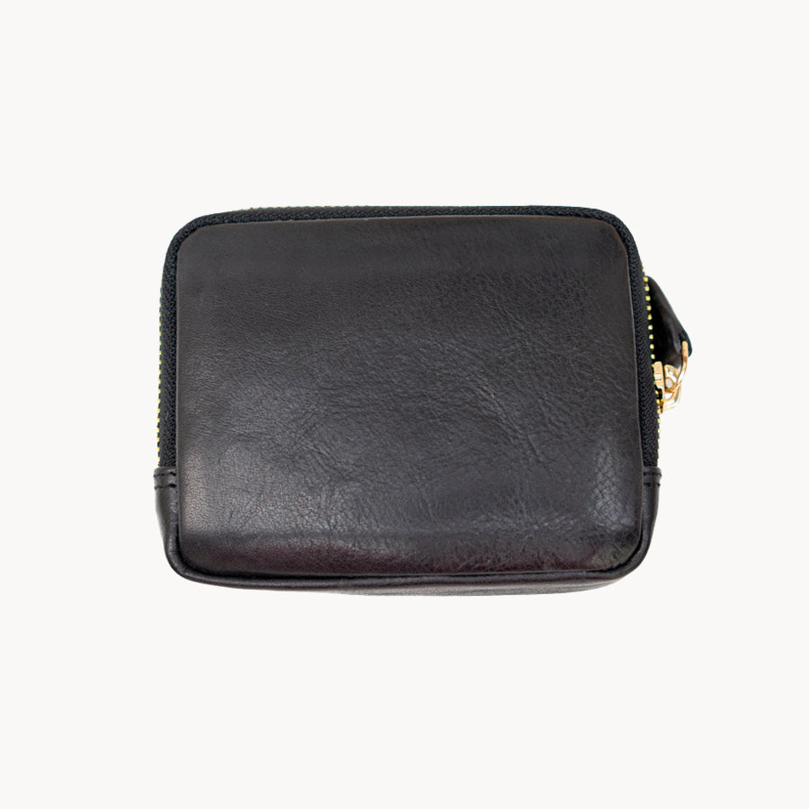 Black leather purse with gold zipper on a white background