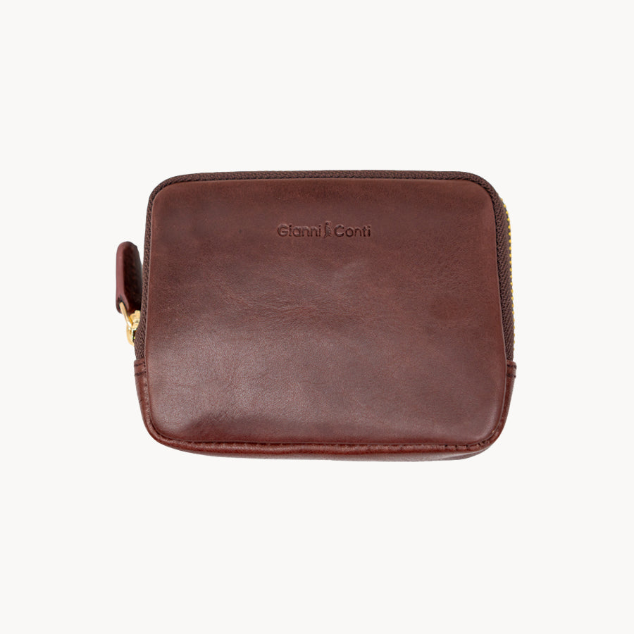 Brown leather purse with a brand name on a white background