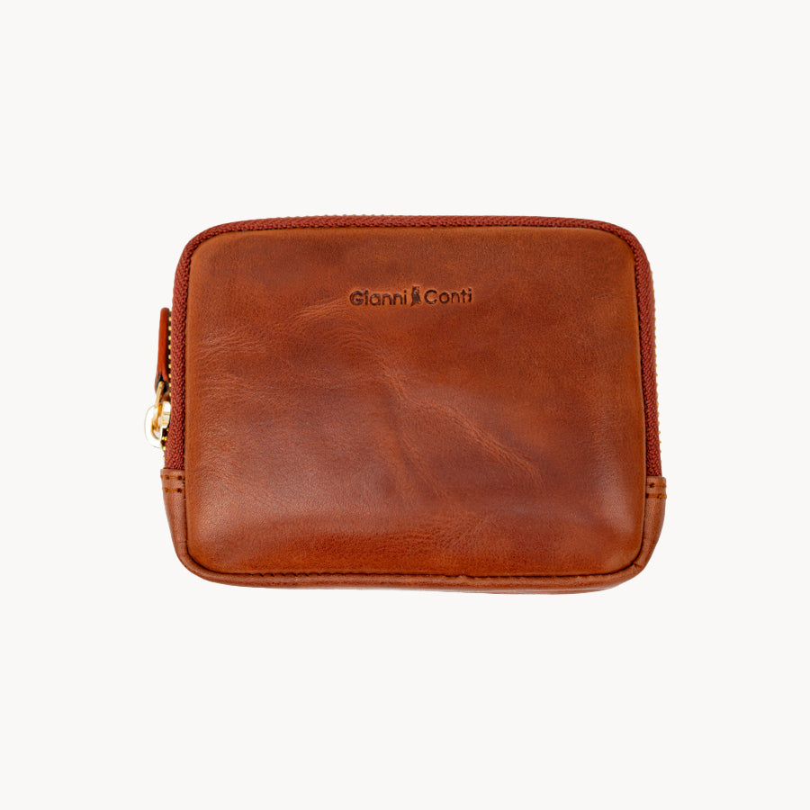 Brown leather purse with a brand logo on a white background
