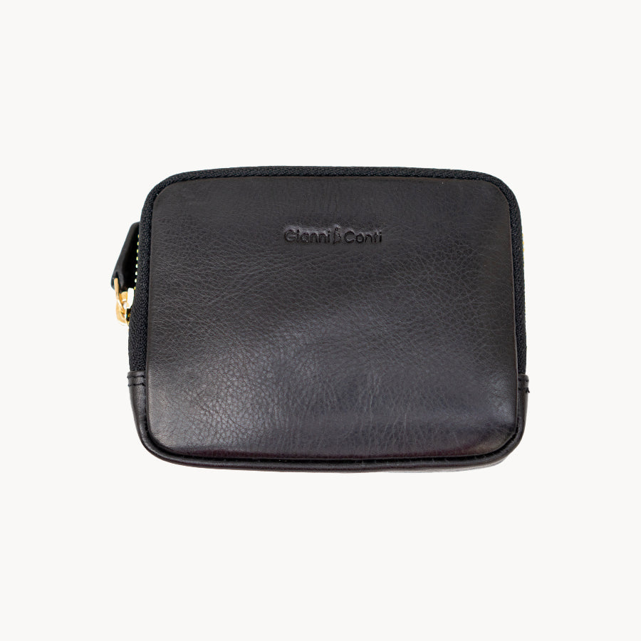 Black leather purse with gold zipper on a white background