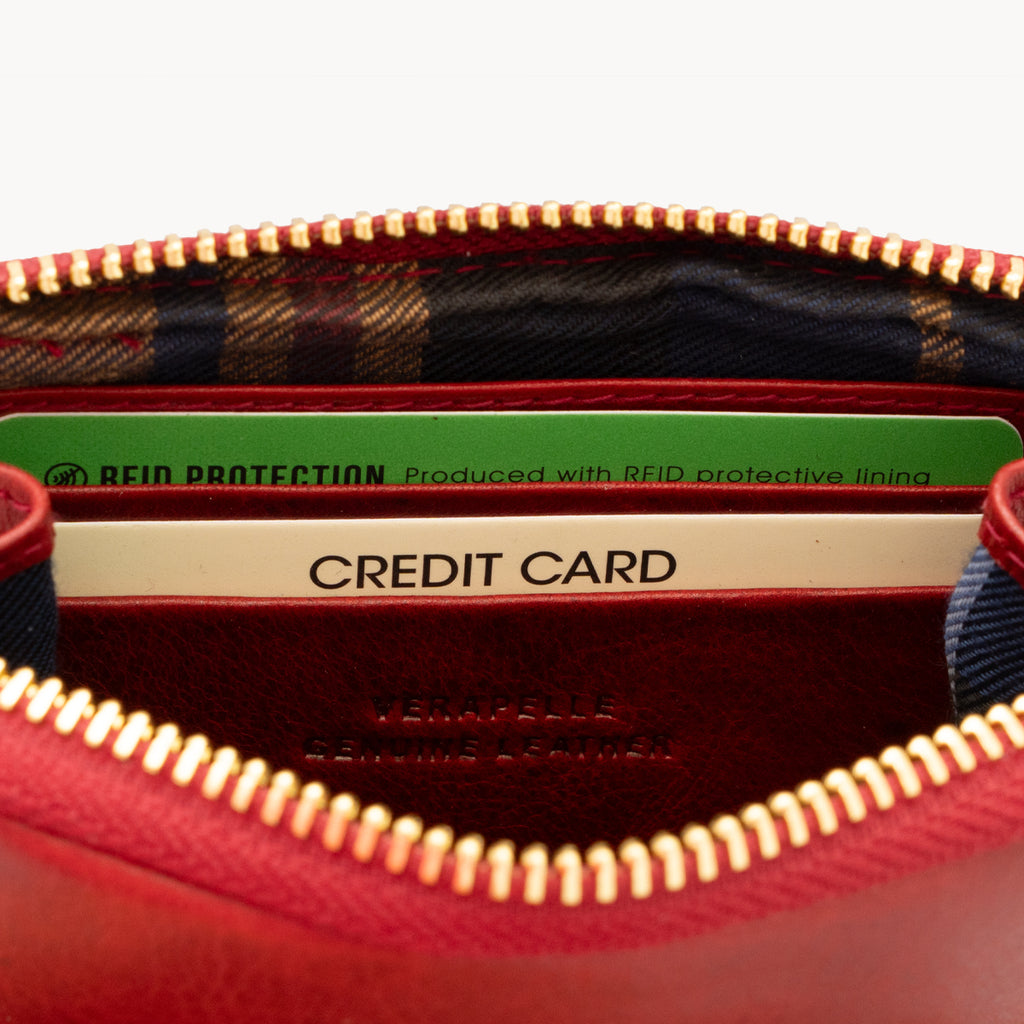 Red wallet with a credit card inside, featuring 'RFID PROTECTION' text.