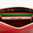 Red wallet with a credit card inside, featuring 'RFID PROTECTION' text.