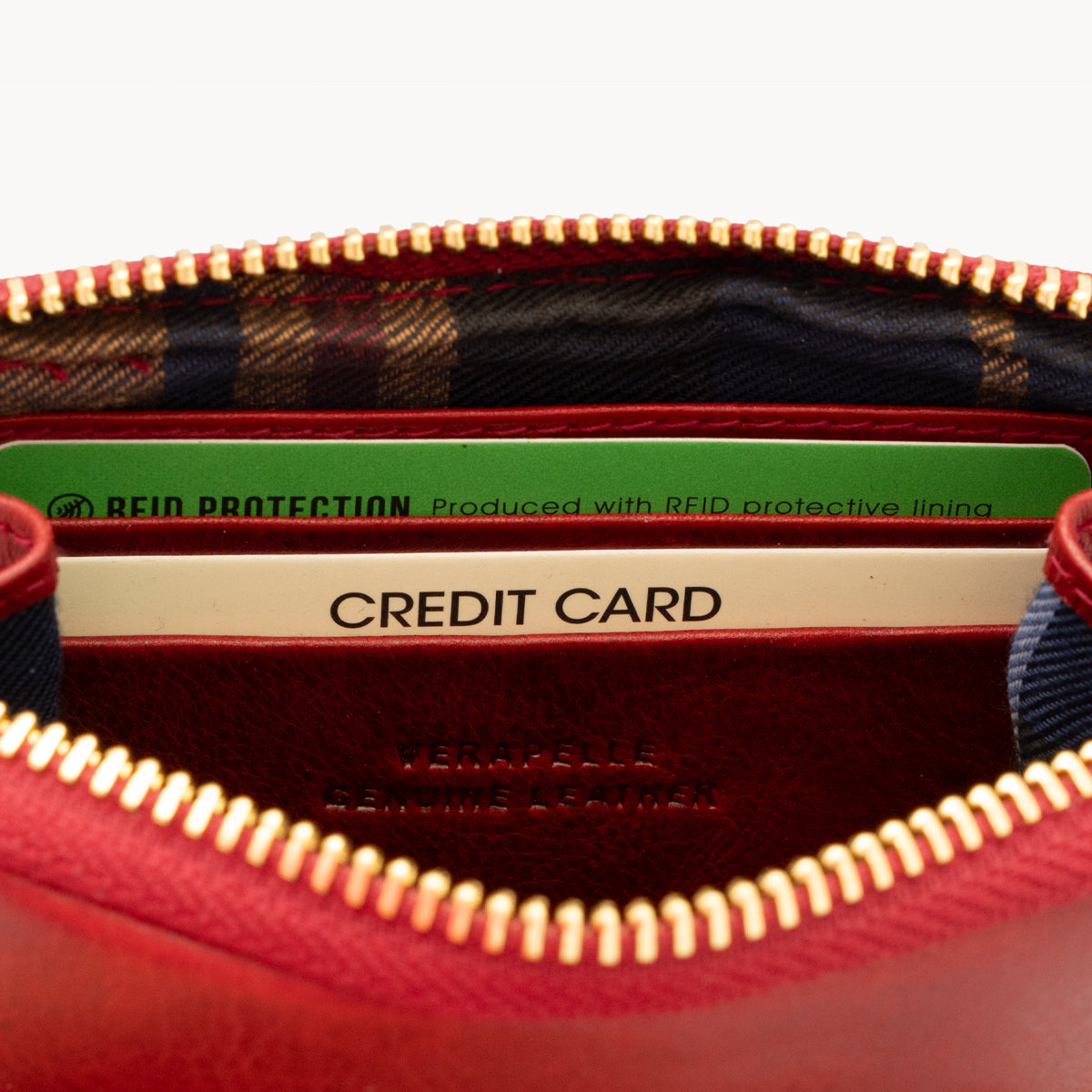Red wallet with a credit card inside, featuring 'RFID PROTECTION' text.