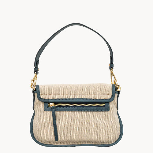 Gianni Conti Canvas and Leather Crossbody Bag in Sand Denim - side view showing crossbody strap