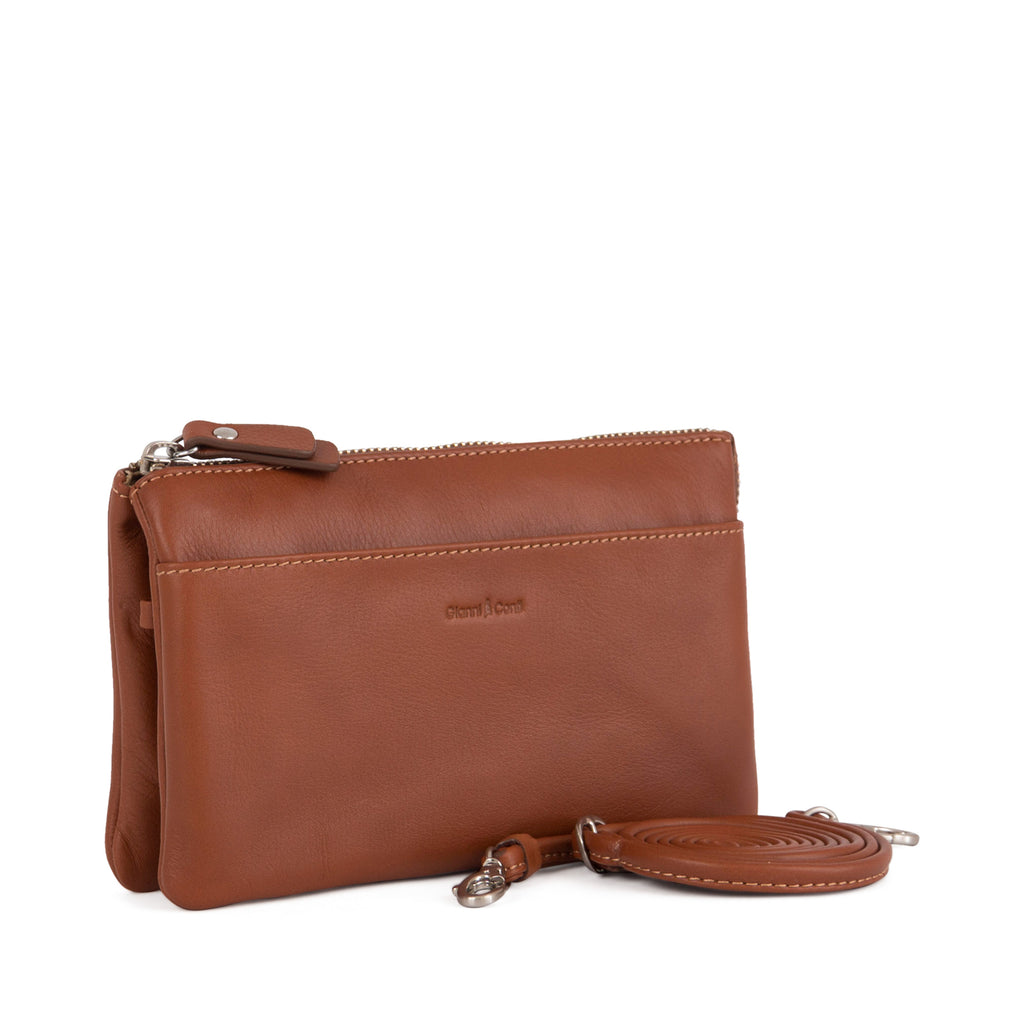 Gianni Conti Leather Crossbody and Clutch Bag in Black - front view showing zip top and front slip pocket