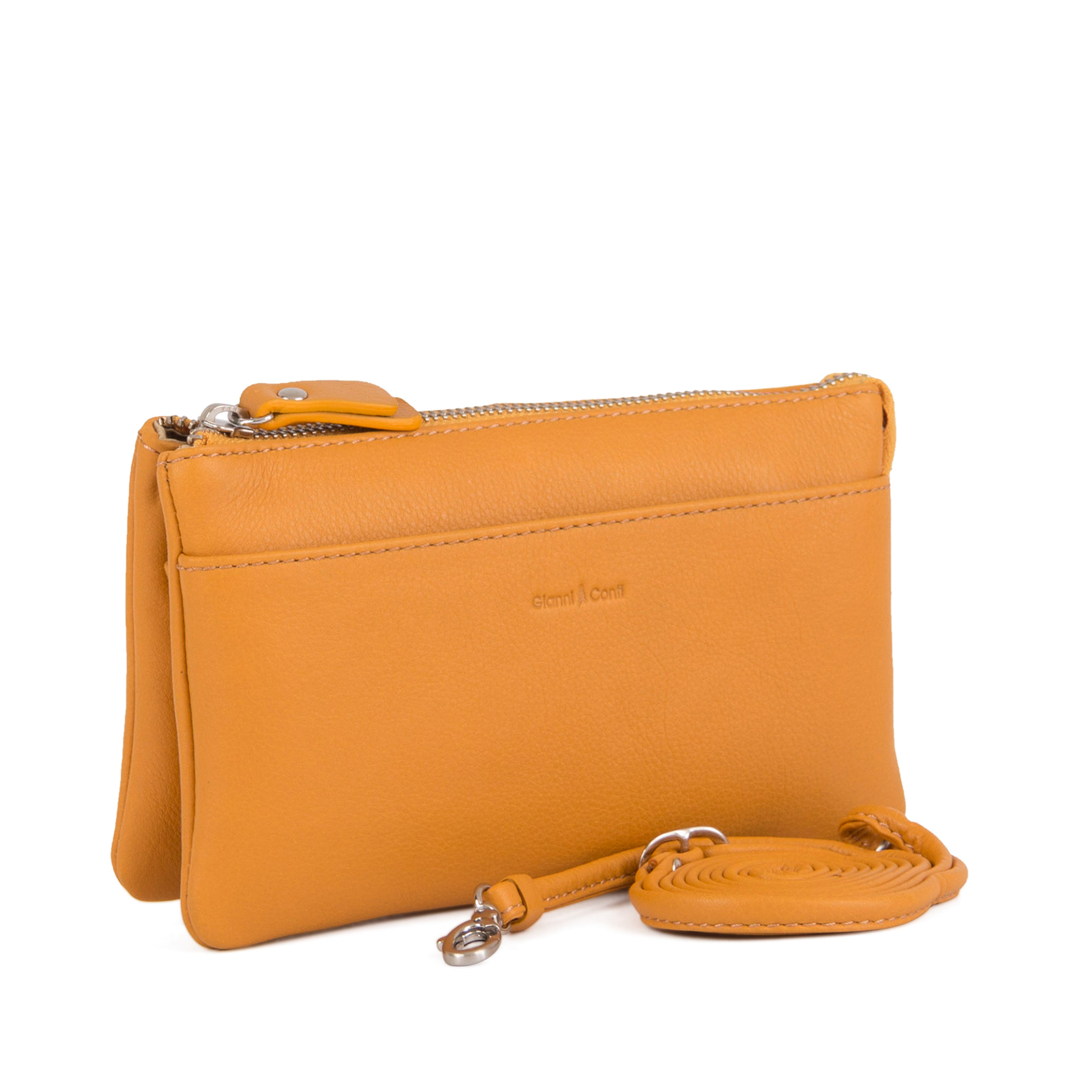 Gianni Conti Leather Crossbody and Clutch Bag in Mustard - front view showing removable crossbody strap