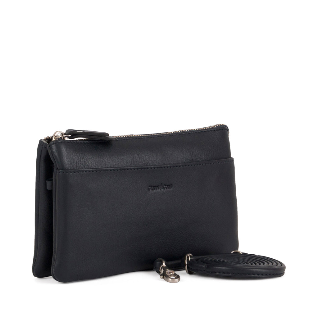 Gianni Conti Leather Crossbody and Clutch Bag in Navy - front view showing zip top fastening