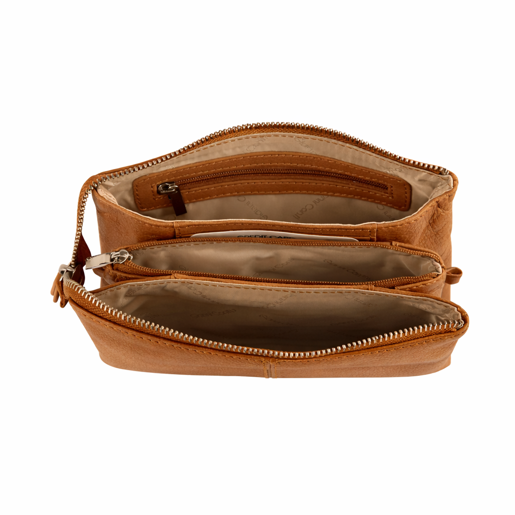 Gianni Conti Leather Crossbody and Clutch Bag in Tan - side view showing compact shape and strap