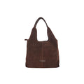 Gianni Conti Suede Shoulder Bag in Chocolate - front view showing embossed logo and leather straps