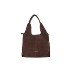 Gianni Conti Suede Shoulder Bag in Chocolate - front view showing embossed logo and leather straps