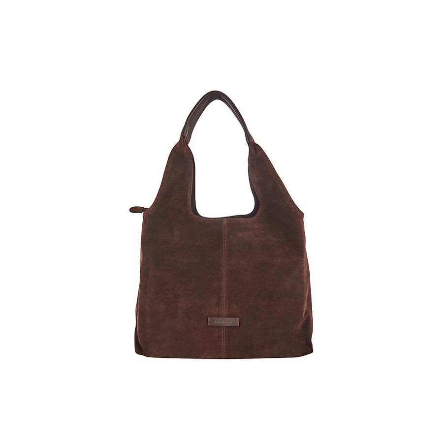 Gianni Conti Suede Shoulder Bag in Chocolate - front view showing embossed logo and leather straps