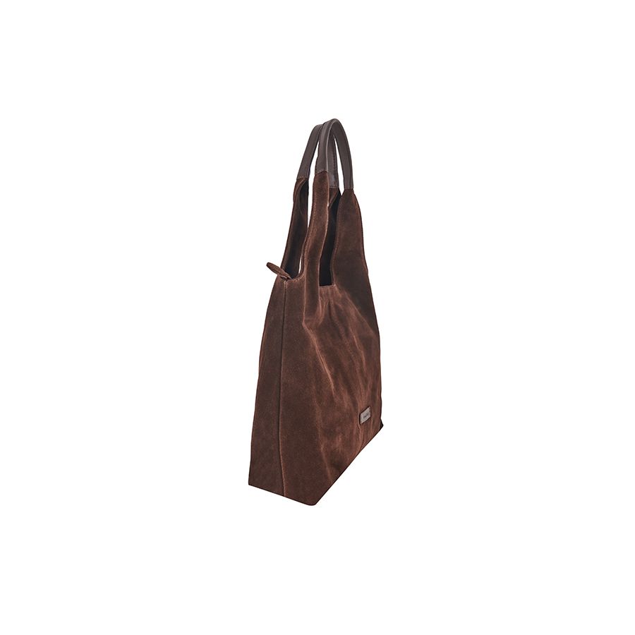 Gianni Conti Suede Shoulder Bag in Chocolate - side view showing two shoulder straps and zip top