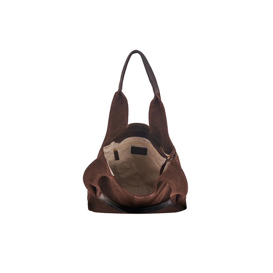 Gianni Conti Suede Shoulder Bag in Chocolate - open interior showing fabric lining and zipped security pocket