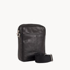 Black leather crossbody bag on a white background