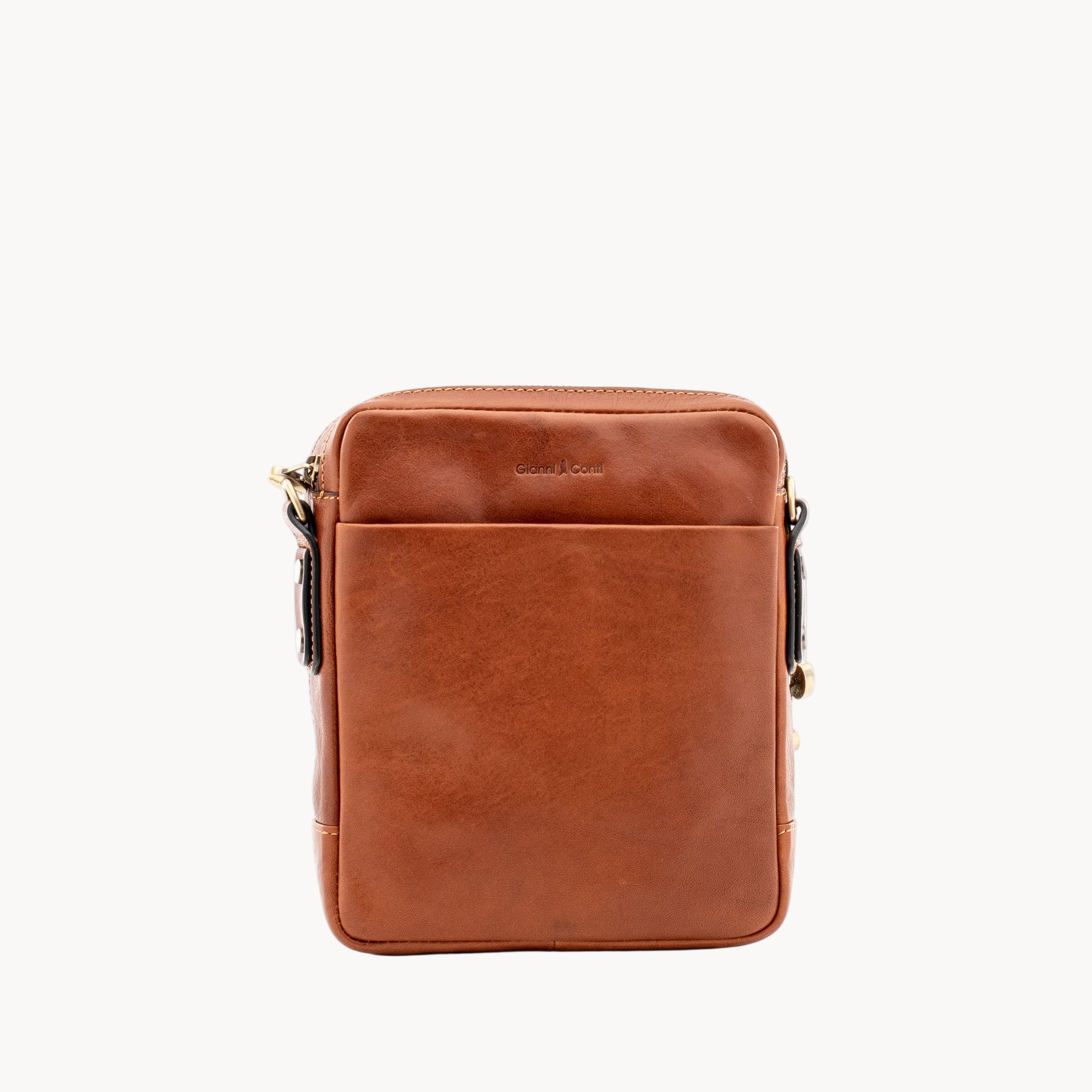 Brown leather crossbody bag on a white background