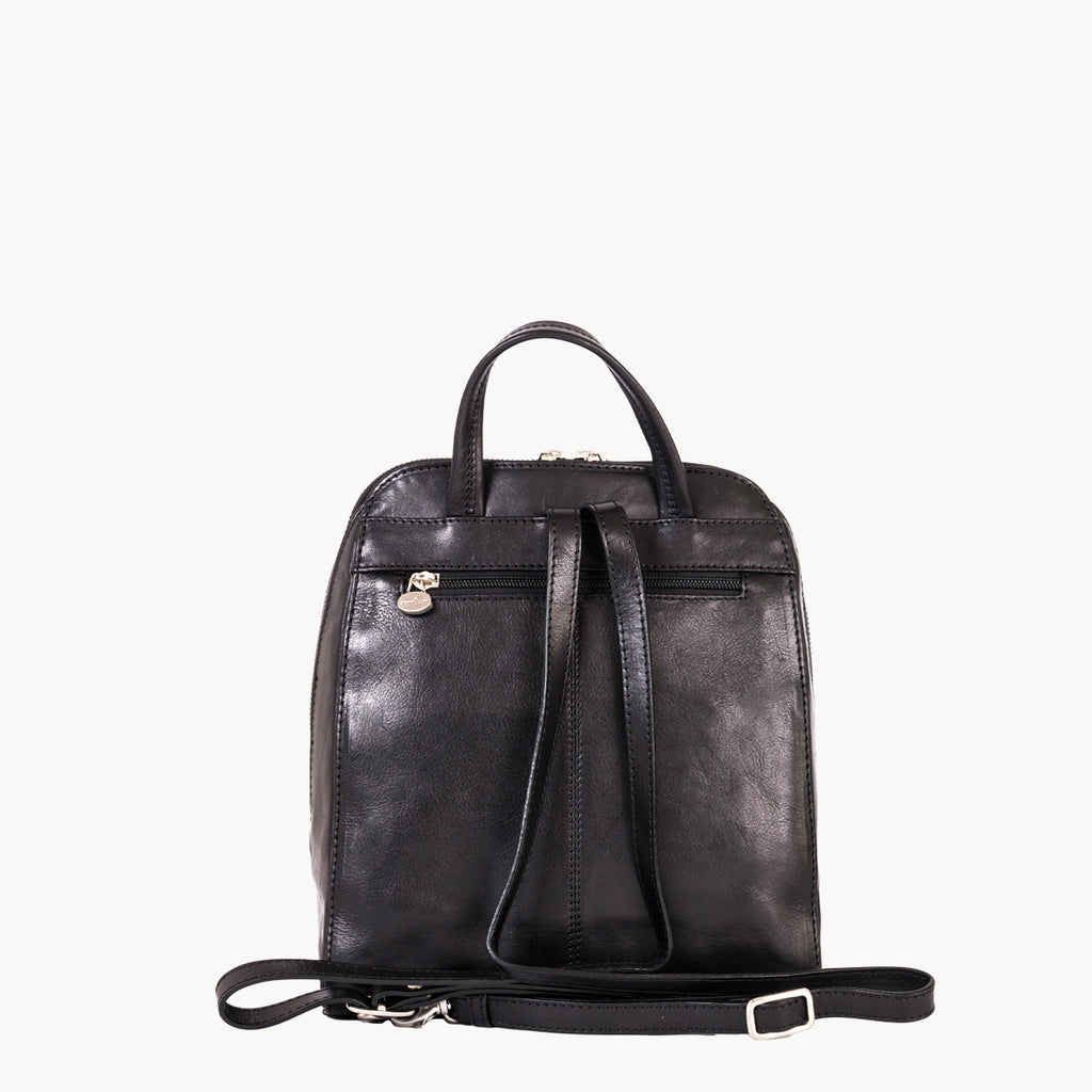 Black leather backpack on a white background