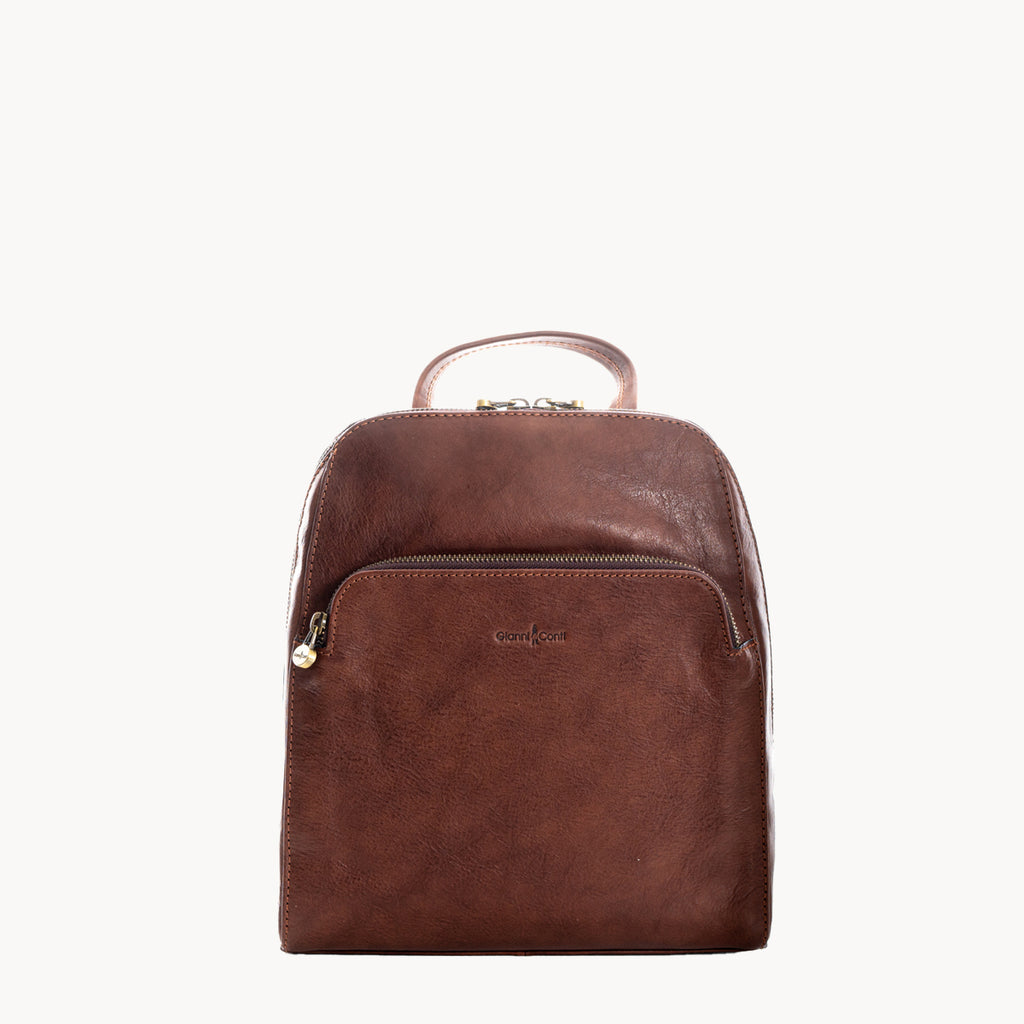 Brown leather backpack on a white background