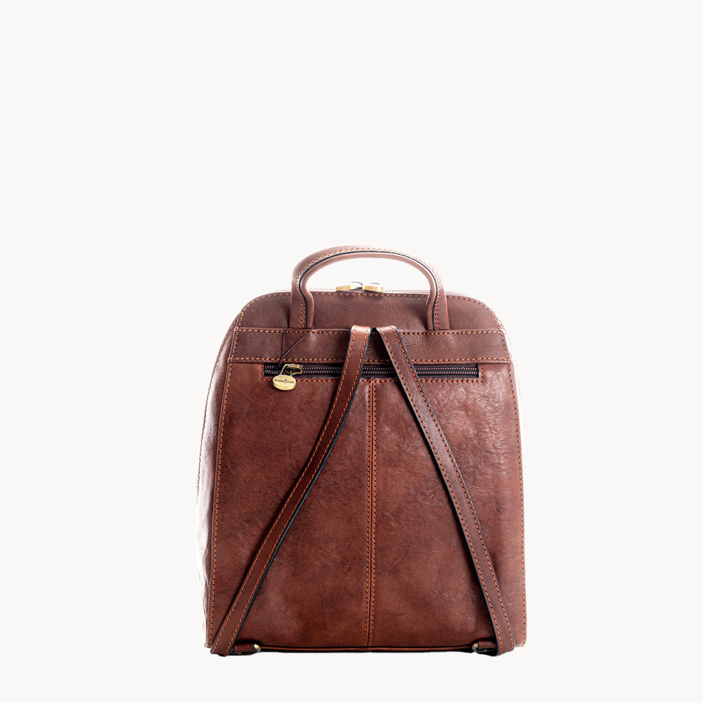 Brown leather backpack on a white background back view