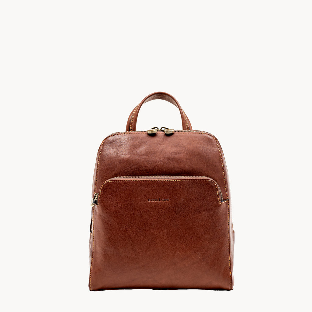 Tan leather backpack on a white background
