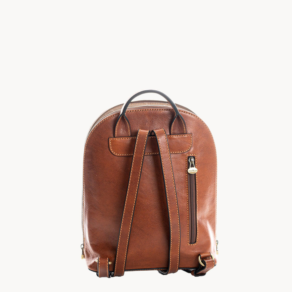 Tan leather backpack on a white background Back view