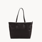 Black leather tote bag on a white background