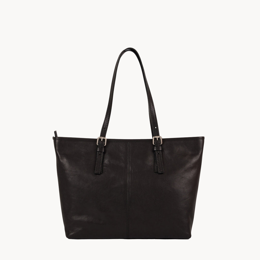 Black leather tote bag on a white background